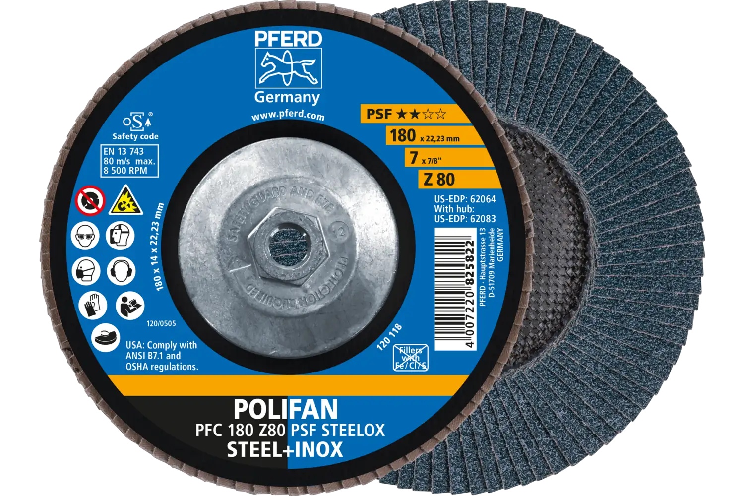 Picture of Pferd Flap Disc, 7" x 5/8-11, Z PSF Steelox, 80 Grit, T29, Conical, Zirconia